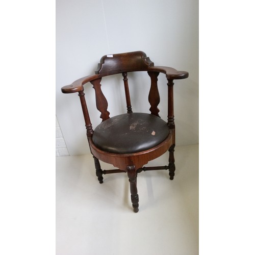 750 - Antique Captains Chair with brown leather seat