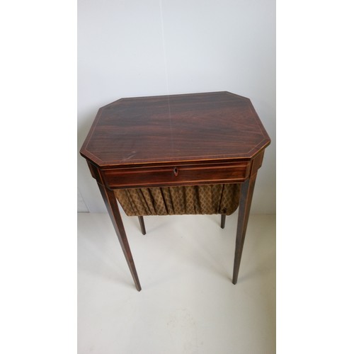 751 - Inlaid Work Table with basket on tapered legs.
74cm high,50cm wide, 40cm deep