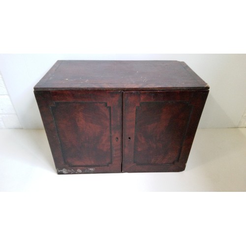 755 - An Antique Collectors Cabinet With Mahogany Flame Veneer.
39cm high,53cm wide,28cm deep.