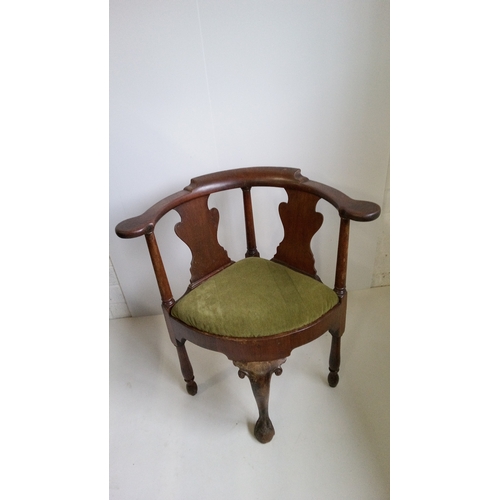 761 - A Georgian Corner Chair with Green Upholstered Seat.