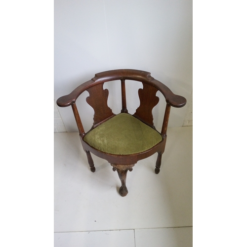 761 - A Georgian Corner Chair with Green Upholstered Seat.