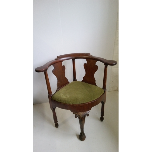 761 - A Georgian Corner Chair with Green Upholstered Seat.