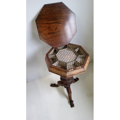 766 - A Victorian Walnut Octagonal Sewing Table On Carved Tripod Legs, Lid 
 Needs Attention.
78cm High, 4... 