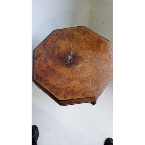 766 - A Victorian Walnut Octagonal Sewing Table On Carved Tripod Legs, Lid 
 Needs Attention.
78cm High, 4... 