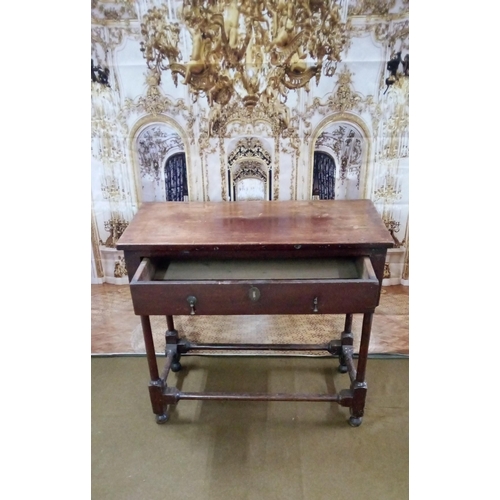 402 - English one drawer table, with Brass drop handles,
Slight damage as pictured.
73cm high 82cm wide 41... 