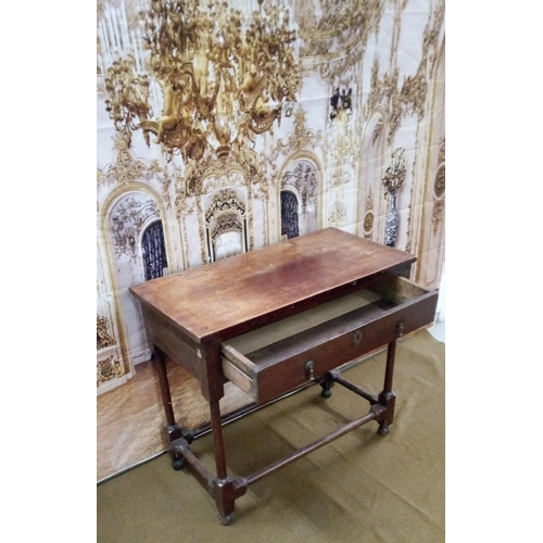 402 - English one drawer table, with Brass drop handles,
Slight damage as pictured.
73cm high 82cm wide 41... 