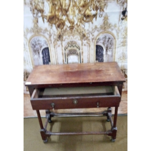 402 - English one drawer table, with Brass drop handles,
Slight damage as pictured.
73cm high 82cm wide 41... 