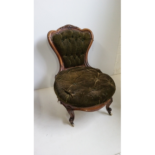 767 - Antique Button Backed Bedroom Chair With Green
Upholstered Seat And Back