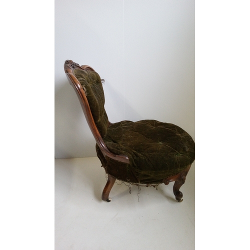 767 - Antique Button Backed Bedroom Chair With Green
Upholstered Seat And Back