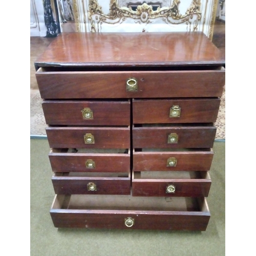 417 - 10 Drawer Collectors Chest with Brass handles.fFeet and trim missing on one side and other damage as... 