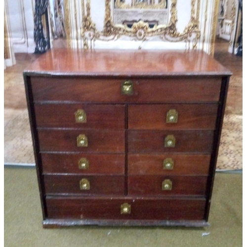 417 - 10 Drawer Collectors Chest with Brass handles.fFeet and trim missing on one side and other damage as... 