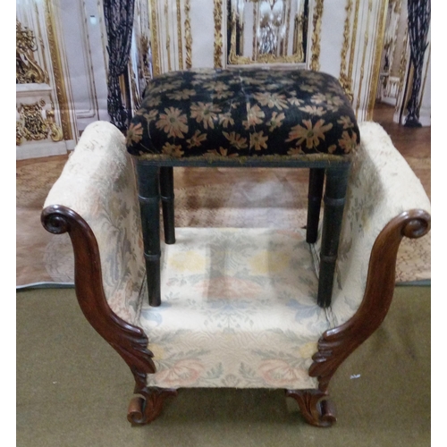 424 - Antique Child's Stools, one with with carved detailing and and Ebonised small Stool