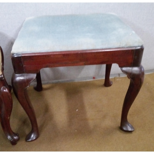 430 - 2 Stools, 1 Victorian with decorative scroll trim and carved cabriole legs.  43cm high, 52cm x52 cm.... 