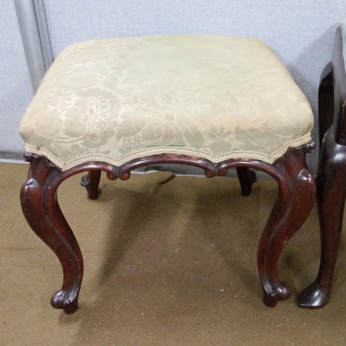 430 - 2 Stools, 1 Victorian with decorative scroll trim and carved cabriole legs.  43cm high, 52cm x52 cm.... 