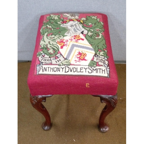 438 - An Antique carved Stool with cabriole legs, Embroidered top reading ' Antony Dudley Smith'
50cm high... 