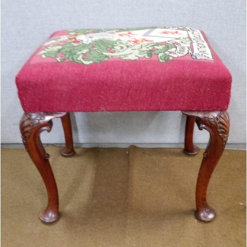 438 - An Antique carved Stool with cabriole legs, Embroidered top reading ' Antony Dudley Smith'
50cm high... 