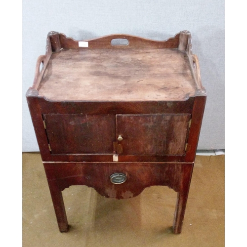 454 - An Antique night stand with scroll top, small cupboard and pull out lower section.
82cm high. 59cm w... 