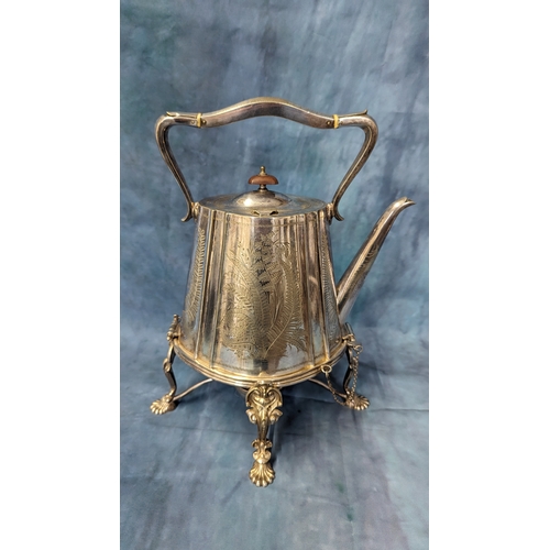 6 - A Large Antique Silver Plate Hot Water Tilting Spirit Kettle With Burner