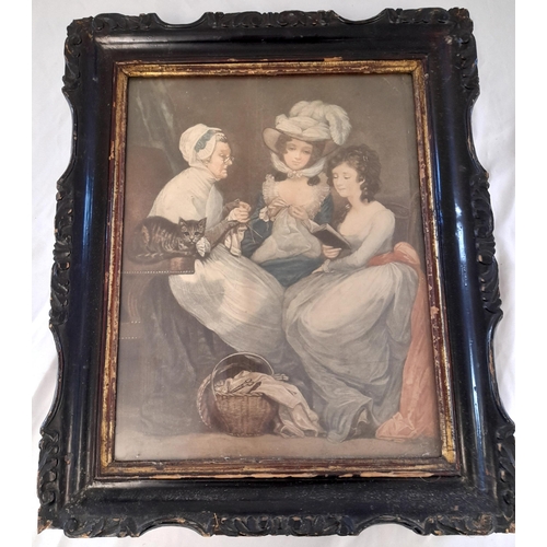 538 - An Antique Picture of Three Ladies doing Craftwork in a Dark Wood and Gilt Frame. 44cm H x 37cm W.