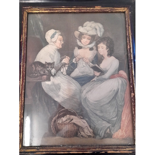 538 - An Antique Picture of Three Ladies doing Craftwork in a Dark Wood and Gilt Frame. 44cm H x 37cm W.