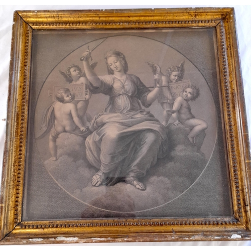 539 - An Antique 18th Century Engraving of Themis, Godess of Law, Order and Justice. 44cm x 44cm.