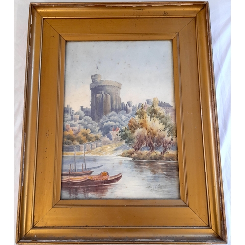 541 - A Watercolour of A Castle Signed by Ethel Thomas in A Heavy Gilt Frame. 56.5cm H x 44.5cm W in Frame... 