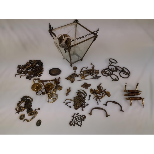 544 - A Large Selection of Brass Goods including a Glass Lamp with Brass Fittings, Draw Handles, Plates an... 