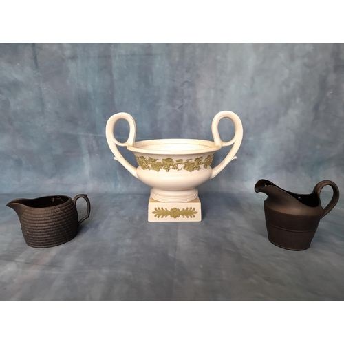 558 - Three Items of Wedgewood Pottery. One Jasper Flower Frog Potpourri Urn without lid and Two Black Bas... 