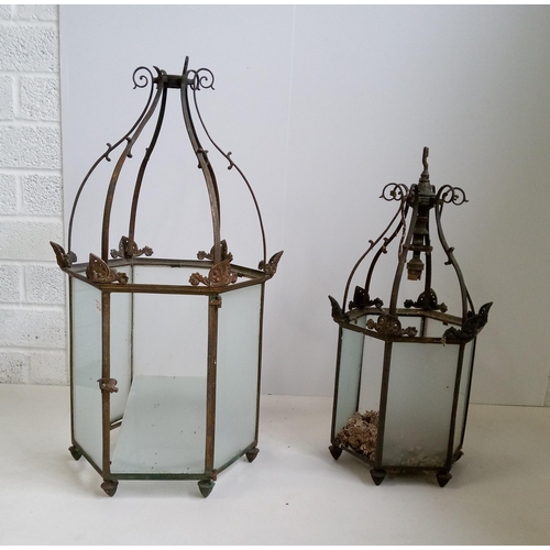 626 - Two Brass and Opaque Glass Hanging Lanterns in Matching Style.