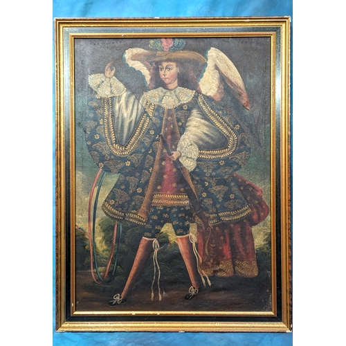 800 - A Peruvian School Archangel Archabucer with Rifle,  Oil on Canvas , 89 x 66cm In Frame