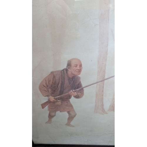 804 - A Large Framed Watercolour of a Japanese Hunter Signed JS Yamamoto ( Water damage to back of picture... 