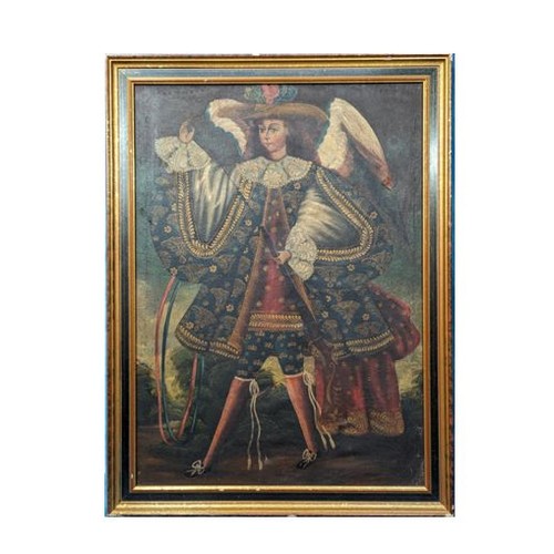 800 - A Peruvian School Archangel Archabucer with Rifle,  Oil on Canvas , 89 x 66cm In Frame