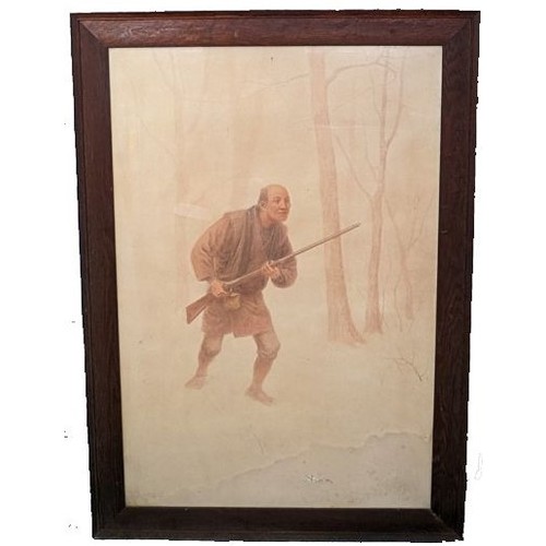 804 - A Large Framed Watercolour of a Japanese Hunter Signed JS Yamamoto ( Water damage to back of picture... 