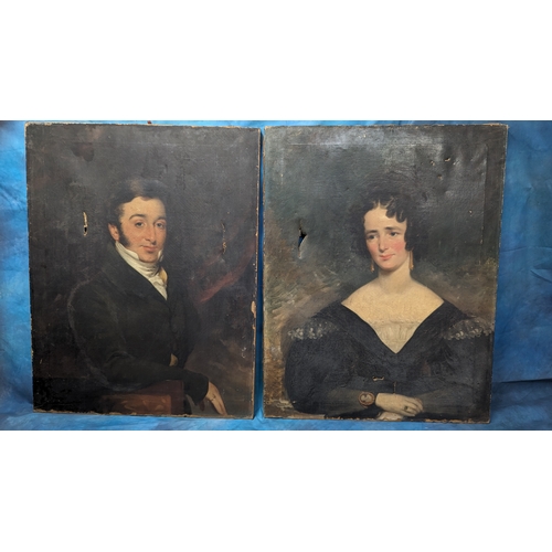 806 - Two Large Portraits - A Gentleman and a Lady - Oil on Canvas . No Frames.  Some Tears and Damage 92 ... 