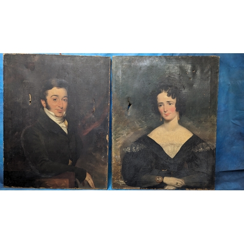 806 - Two Large Portraits - A Gentleman and a Lady - Oil on Canvas . No Frames.  Some Tears and Damage 92 ... 