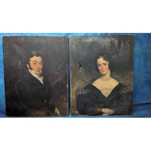 806 - Two Large Portraits - A Gentleman and a Lady - Oil on Canvas . No Frames.  Some Tears and Damage 92 ... 