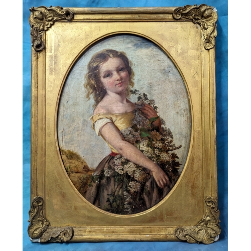 812 - An Antique Oil on Canvas of a Young Girl Holding a Bouquet of Flowers 40 x 52cm in Frame