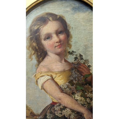 812 - An Antique Oil on Canvas of a Young Girl Holding a Bouquet of Flowers 40 x 52cm in Frame