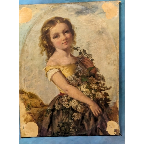 812 - An Antique Oil on Canvas of a Young Girl Holding a Bouquet of Flowers 40 x 52cm in Frame