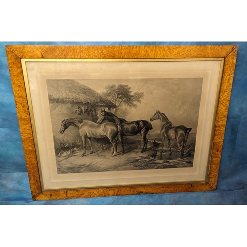 820 - Steel Engraving after E Landseer by G . Zobel . Three Horses Standing near a Thatched Cottage in the... 