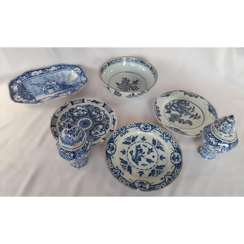 160A - A Group of Blue and White Antique Chinaware, including a Platter, Pots, Serving Bowl and Plates.