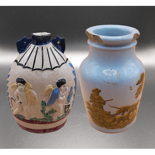 312 - Two Items of Prattware, A Rare Prattware Spirit Flask c1800 moulded with a neoclassical scene of the... 