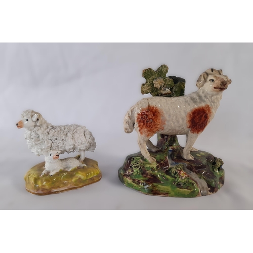 204A - Two Ornaments of Sheep. A Staffordshire Ram with the initials EH on its Back, approx 13cm Height, an... 