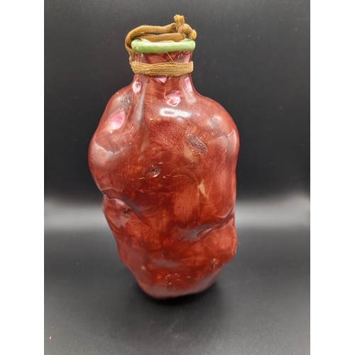 381A - A Rare c1820's-1860's American Folk Art Pottery Potato Flask in Brown with Green and Pink Detailing.... 