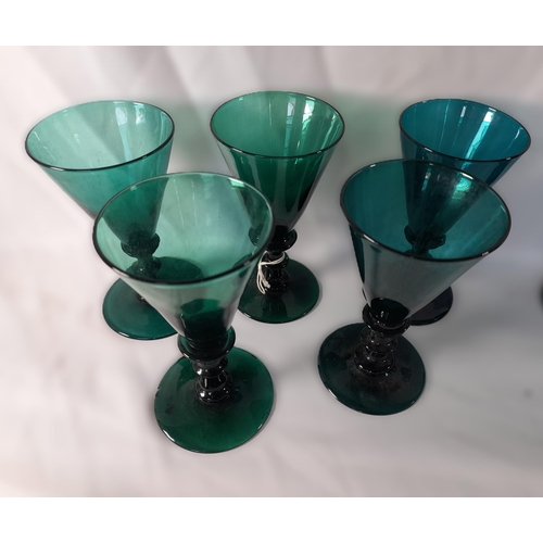 71A - A Selection of Coloured Glassware in Greens and Blues including Goblets,Small Decanters, Jug, A Lidd... 