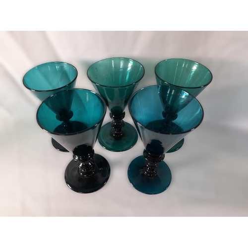 71A - A Selection of Coloured Glassware in Greens and Blues including Goblets,Small Decanters, Jug, A Lidd... 