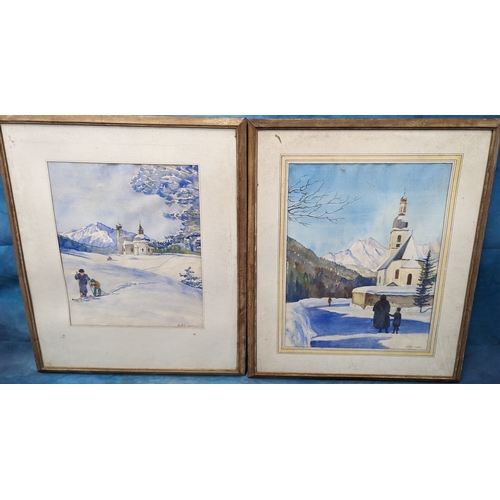 859 - 2 x Winter Themed Watercolours by Alec Lacey 64 x 54cm in Frames