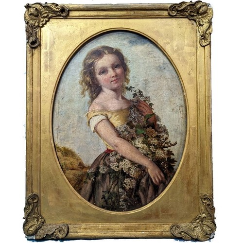 812 - An Antique Oil on Canvas of a Young Girl Holding a Bouquet of Flowers 40 x 52cm in Frame