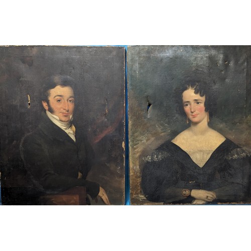 806 - Two Large Portraits - A Gentleman and a Lady - Oil on Canvas . No Frames.  Some Tears and Damage 92 ... 