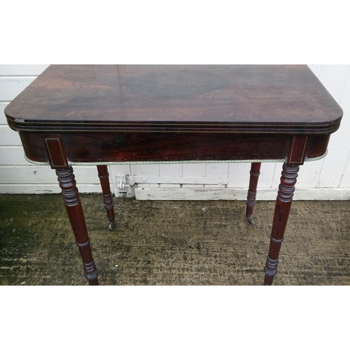 941 - Georgian Fold Over Card Table with Red Baize on Turned Legs and Brass Castors